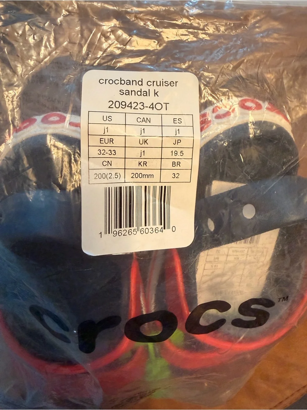 CROCS Crocband Cruiser, Black Footbed Sandals with Red Straps, kids size 1